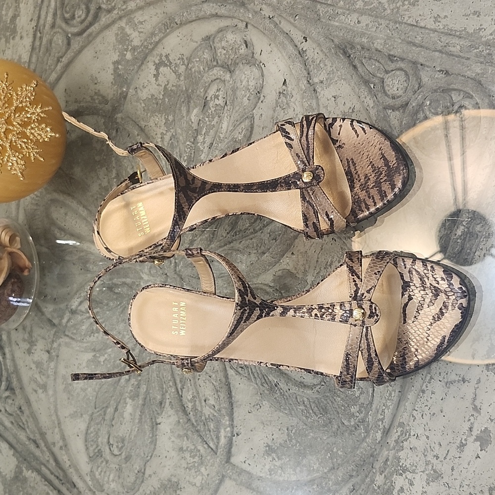 Stuart Weitzman Snake Print Leather Strappy Sandals 10
